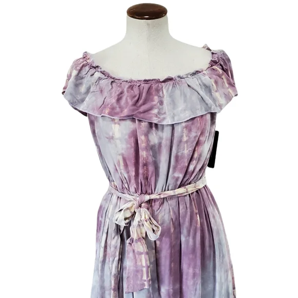 Lulus Dazed Purple Multi Tie-Dye Ruffled Off-the-Shoulder Midi Dress M - Picture 7 of 11